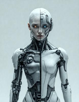 The primary subject of the image is a robotic woman with a split personality. She has a human face on one side and a robot face on the other. The setting is a white background, which provides a clean and minimalist look to the image. The visual style is a combination of digital art and illustration, creating a futuristic and technological atmosphere. The colors and mood of the image are predominantly white, giving it a clean and sterile appearance.